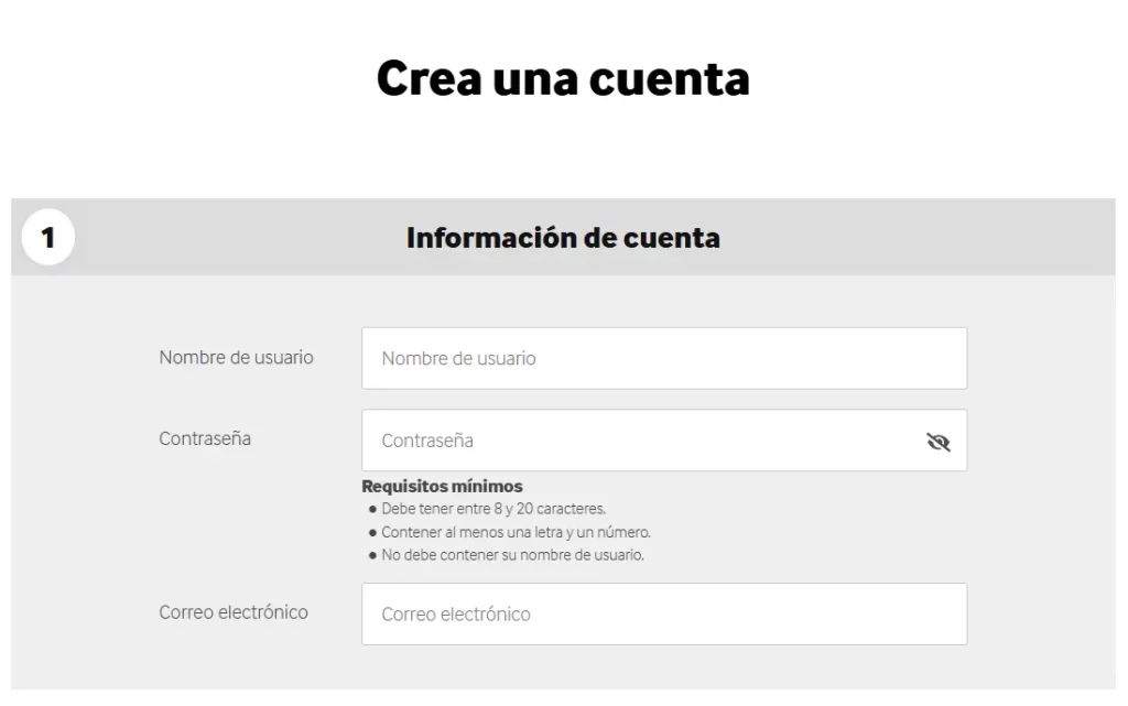 Formulario de inscripción en el sitio web oficial